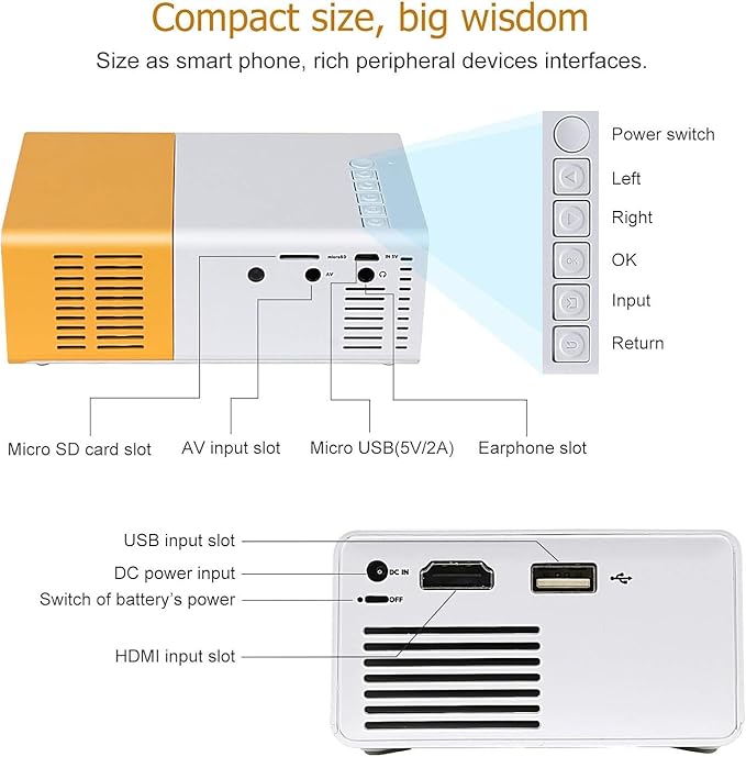 400Lm Portable Mini Home Theater Led Projector With Remote Controller,Support Hdmi,Av,Sd,Usb Interfaces,Yellow